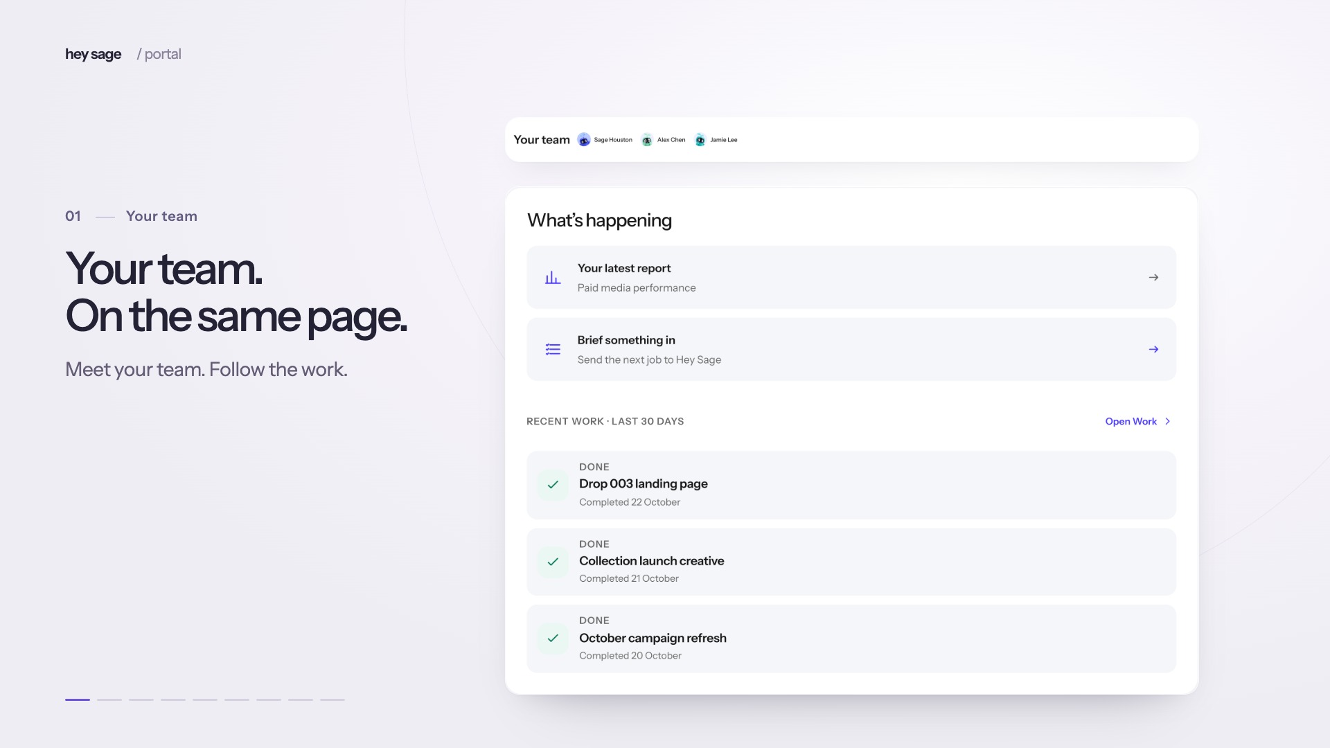 Hey Sage portal: your team, completed work, live reporting, creative briefs, budget pacing, benchmarks and landing-page results.