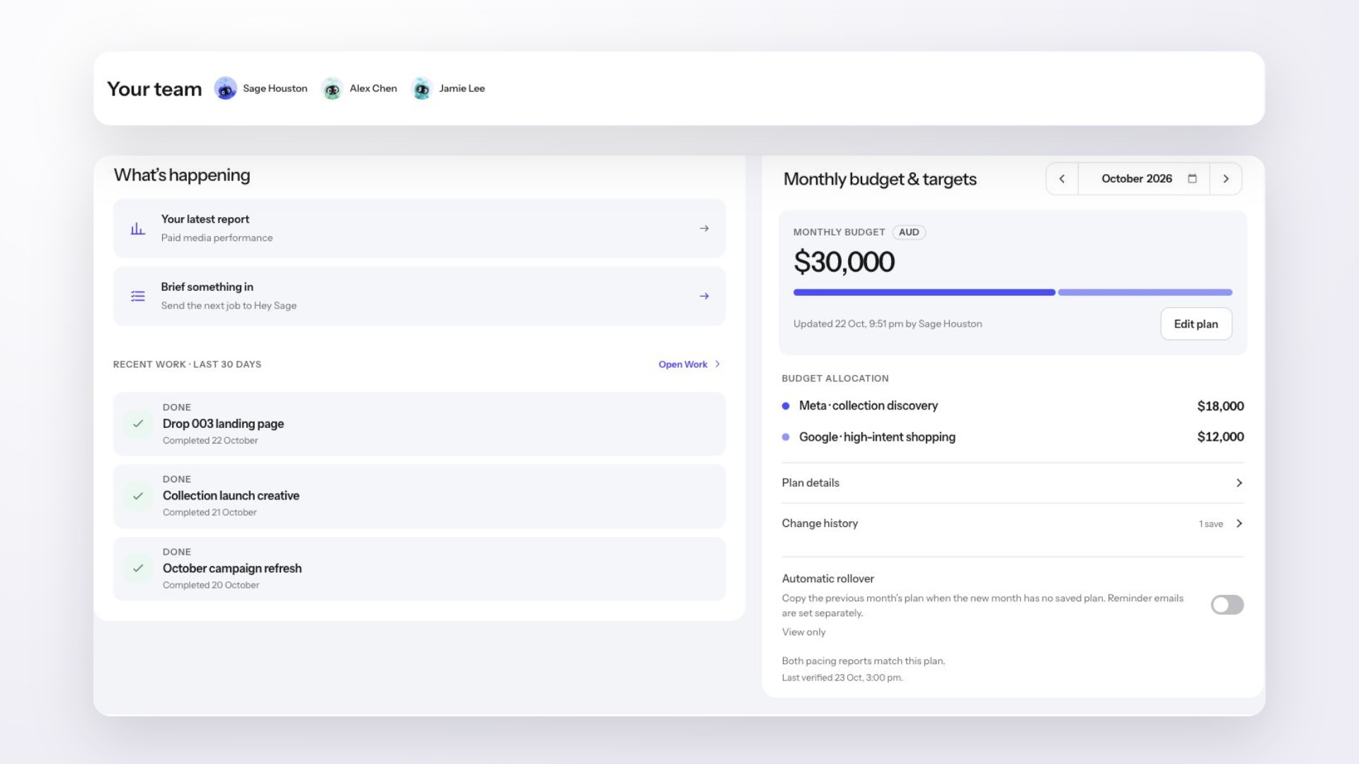 Hey Sage portal: your team, completed work, live reporting, creative briefs, budget pacing, benchmarks and landing-page results.
