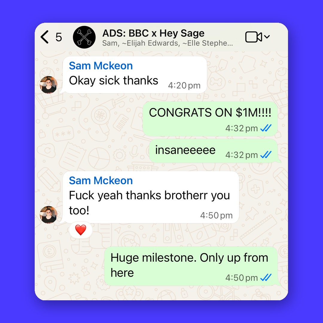 Advertising results conversation between Billy Bones Club and Hey Sage