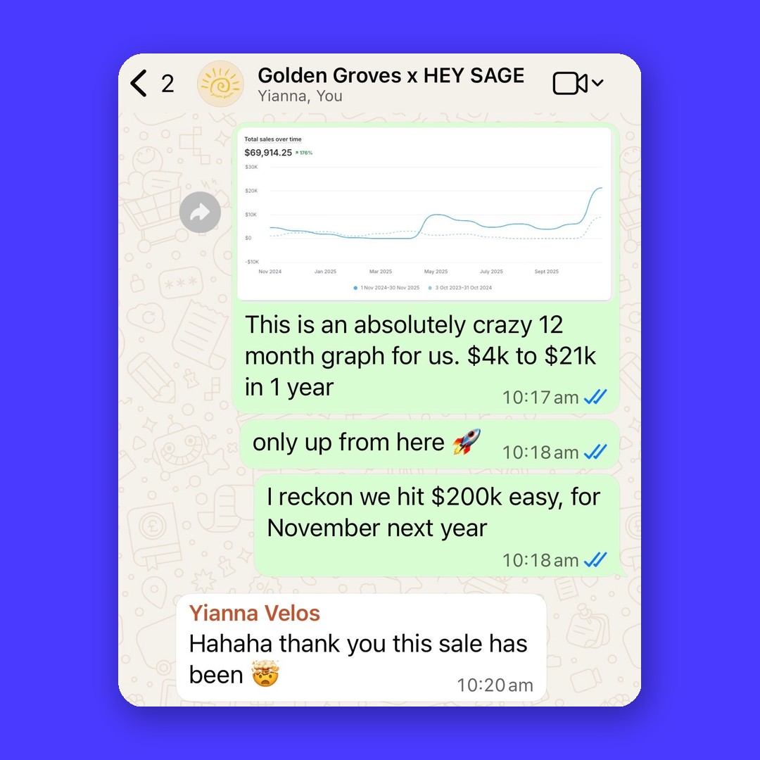 Advertising results conversation between Golden Groves and Hey Sage