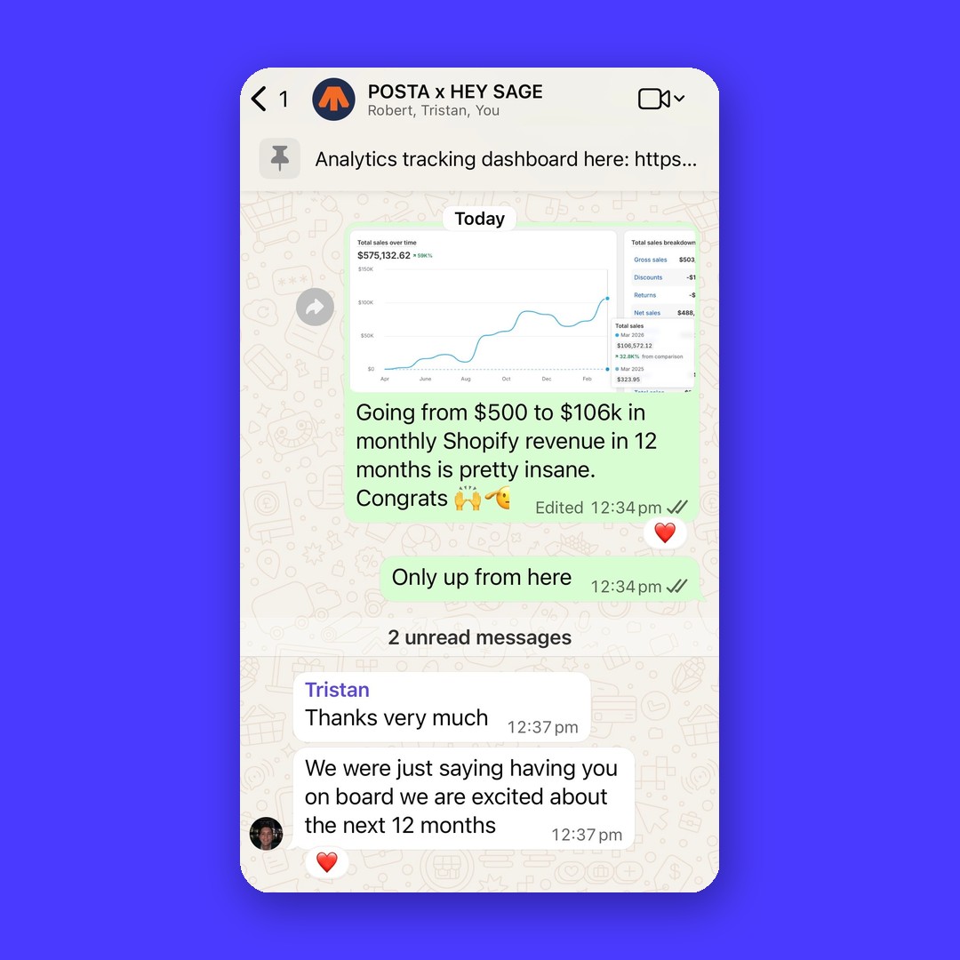 Advertising results conversation between POSTA and Hey Sage