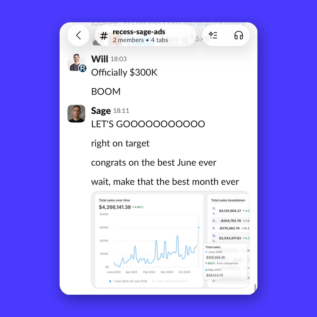 Advertising results conversation between Recess and Hey Sage