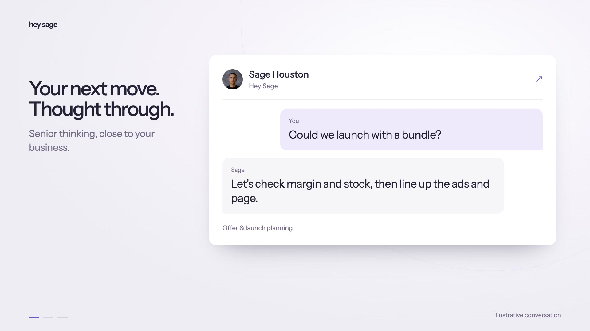 Illustrative conversations with Sage about offers, creative direction and commercial decisions.